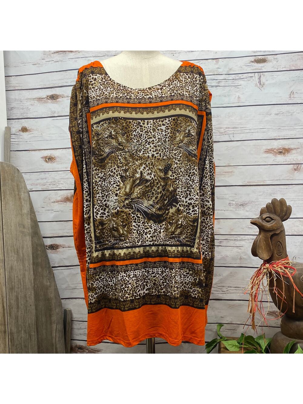 Beach Pool Cover Up Animal Print Cheetah Embellished Sleeveless M/L Orange Brown